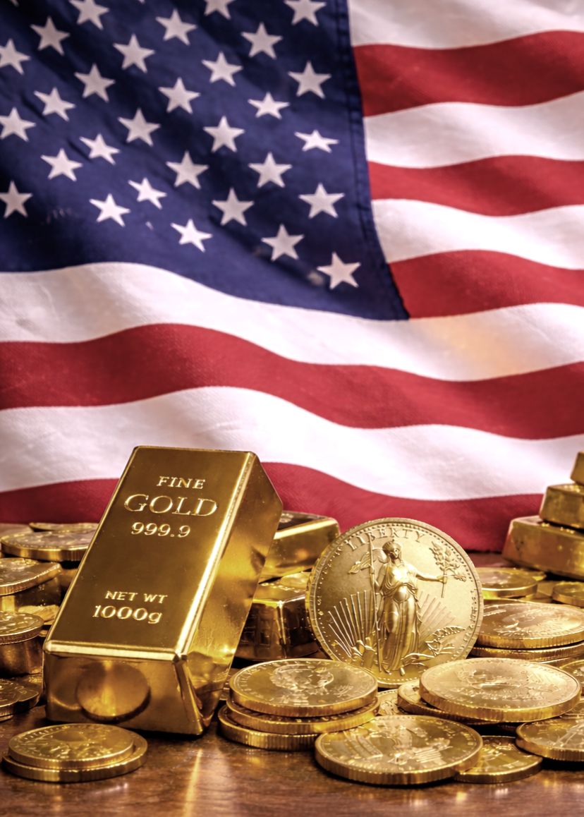 Gold bars and coins with American flag